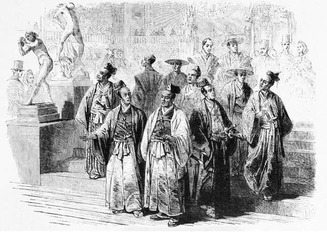 The members of the Japanese Embassy visiting the 1862 International Exhibition in London, from the Illustrated London News