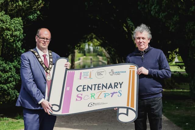 The Mayor of Antrim and Newtownabbey, Cllr Jim Montgomery with Paul Mullan, Director Northern Ireland ,The National Lottery Heritage Fund.
