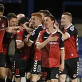 Paul Heatley (second right) and Crusaders team-mates celebrate his goal against Coleraine. Pic by PressEye Ltd.