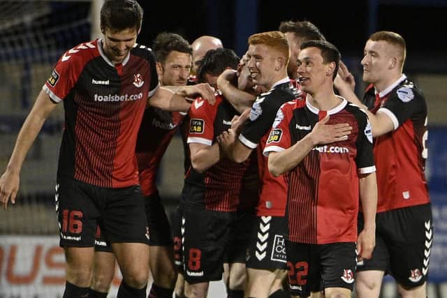 Paul Heatley (second right) and Crusaders team-mates celebrate his goal against Coleraine. Pic by PressEye Ltd.
