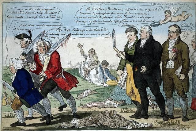 Edward Jenner and his two colleagues seeing off three anti-vaccination opponents, the dead are littered at their feet. Coloured etching by I Cruikshank, 1808. Picture: Wellcome Collection