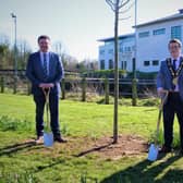 LIsburn Mayor Councillor Nicholas Trimble with the Mayoress and Concillor Scott Carson planting trees at the Civic Centre