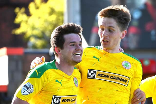 Cliftonville's Michael McCrudden celebrates alongside Ryan Curran after scoring against Crusaders. Picture by Stephen Hamilton/Inpho