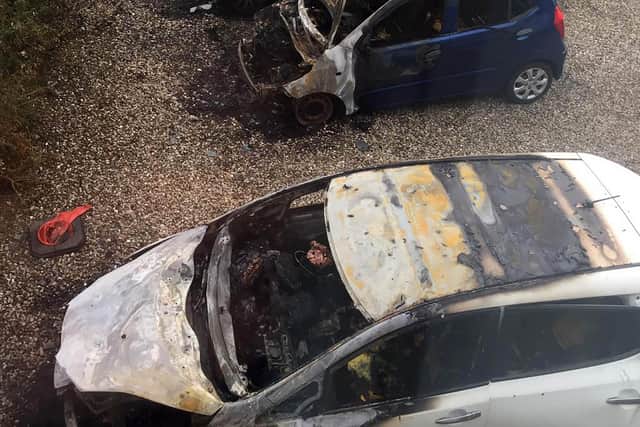 Three cars parked in the driveway of the property on the Glenarm Road were set on fire on Thursday morning. Picture: Colm Lenaghan/Pacemaker