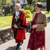 REPRO FREE..The Mayor of Causeway Coast and Glens Borough Council Alderman Mark Fielding welcomes First Minister Rt Hon Arlene Foster MLA to the Service of Commemoration, Thanksgiving and Reflection to mark the Centenary of Northern Ireland held at St Patrick's Parish Church on Sunday 2nd May 2021.