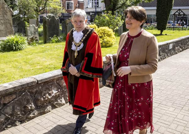 REPRO FREE..The Mayor of Causeway Coast and Glens Borough Council Alderman Mark Fielding welcomes First Minister Rt Hon Arlene Foster MLA to the Service of Commemoration, Thanksgiving and Reflection to mark the Centenary of Northern Ireland held at St Patrick's Parish Church on Sunday 2nd May 2021.
