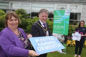 Alderman Mark Fielding is pictured here with the Mayoress Mrs Phyllis Fielding and Dementia Support Worker Aoife McMaster