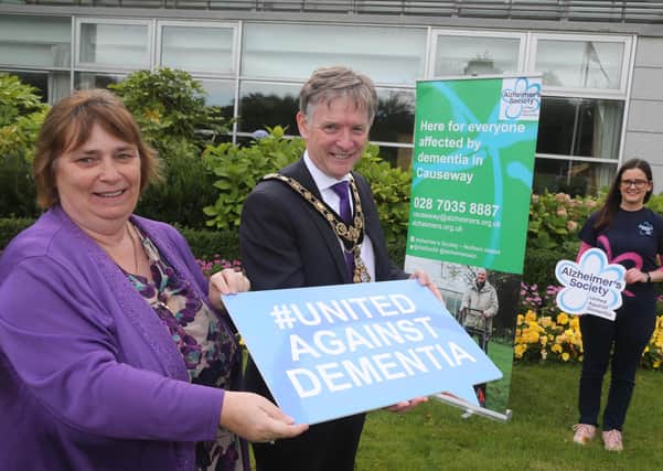 Alderman Mark Fielding is pictured here with the Mayoress Mrs Phyllis Fielding and Dementia Support Worker Aoife McMaster