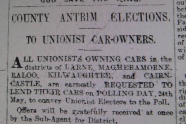 An advert appealing for unionist car owners to help take voters to the
