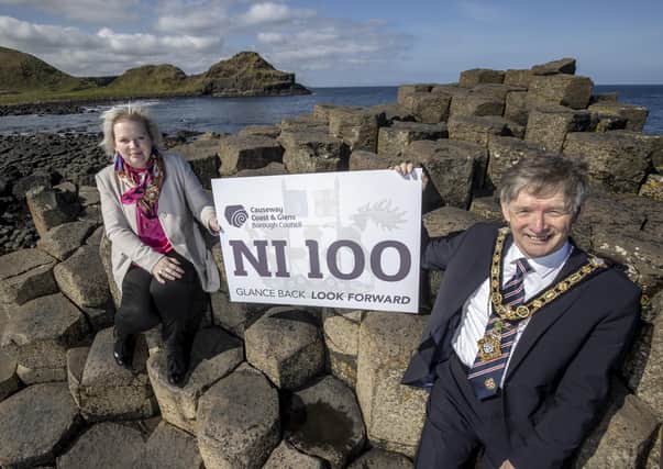 The Mayor of Causeway Coast and Glens Borough Council Alderman Mark Fielding and Councillor Michelle Knight McQuillan, Chair of Council’s NI 100 Working Group, pictured at the Giant’s Causeway, Northern Ireland’s only World Heritage Site, for the official launch of Council’s NI 100 programme of events