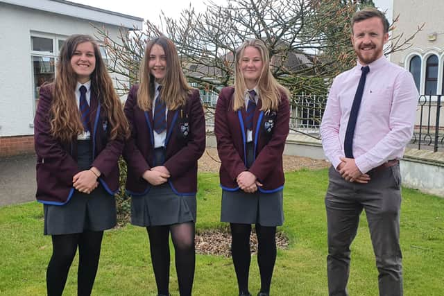 Angus Youth Challenge semi-finalists Victoria Currie, Ivanna Strawbridge and Lois McCurdy with teacher Mr D. Hodges, Dalriada Grammar School