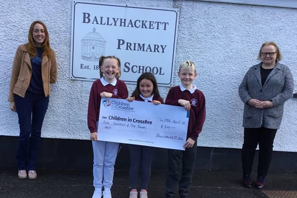 Ballyhackett Primary School in Castlerock, who raised £510 for  international development charity Children in Crossfire. Pictured with pupils from the school and Principal Grainne McIvar is Shauna O'Neill, Fundraising Co-ordinator. Children in Crossfire supports education and healthcare programmes for some of the most vulnerable children in the world, in Ethiopia and Tanzania