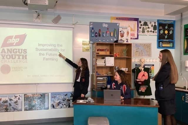 Ballymena Academy students Anna Duffin, Sarah Chesney and Marian Farquhar completing their final preparations ahead of the ABP Angus Youth Challenge semi-final