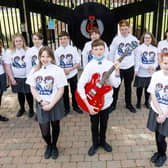Glengormley High pupils wearing t-shirts designed by pupil Sienna Wilgaus .Pic by  Paul McIlwaine.