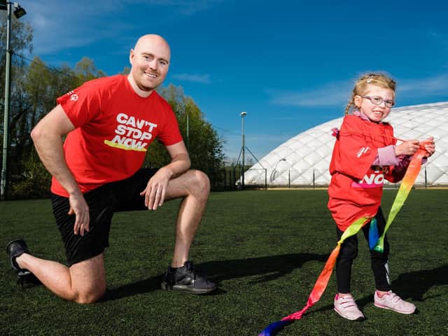Sophia Sloan, aged 6, from Belfast is pictured with NI comedian Paddy Raff at the recent launch of the Special Olympics Collection Day fundraising appeal