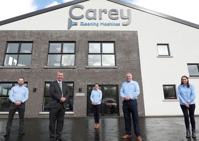 Carey Cleaning Products in Ballymena received approximately £140,000 in funding from the LEADER element of the Northern Ireland Rural Development Programme to expand their business and enhance product offering. Pictured is Jonathan Kyle, Irene McCormick and Helen Stirling, employees of Carey Cleaning Machines with Managing Director William Carey and DAERA Minister Edwin Poots. Photo Kelvin Boyes/PressEye