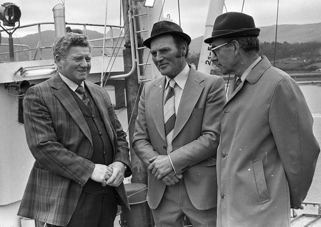 Mr Harold Bullock, right, chief executive of the NI Seed Potato Marketing Board, with Mr William Forsythe, a potato producer, and Mr Jay Semple, chairman of the UFU potato committee pictured  at Warrenpoint harbour at the end of April 1980. Picture: News Letter archives
