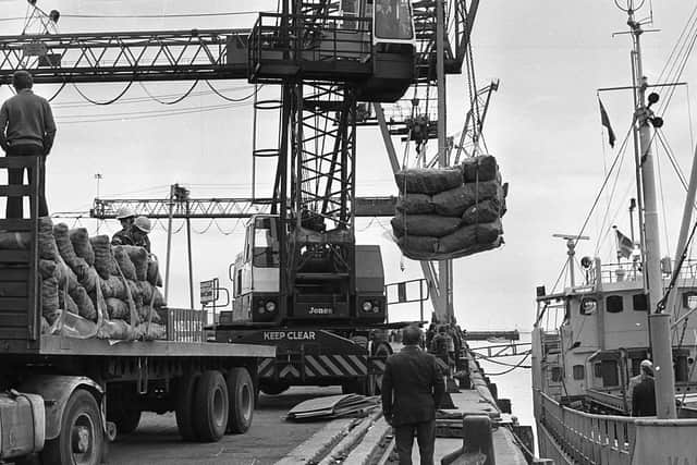 A new labour-saving method of loading potatoes for shipping was used for the first time at Warrenpoint harbour at the end of April 1980. Here we see potatoes being slung into the hold of a ship at Warrenpoint for the Middle East market. Picture: News Letter archives