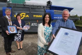 Dr Mark McKinney and Jacqui McKinney from the ATG Group display the Queen’s Award for Sustainable Development alongside the Mayor of Causeway Coast and Glens Borough Council Alderman Mark Fielding and the Mayoress Mrs Phyllis Fielding