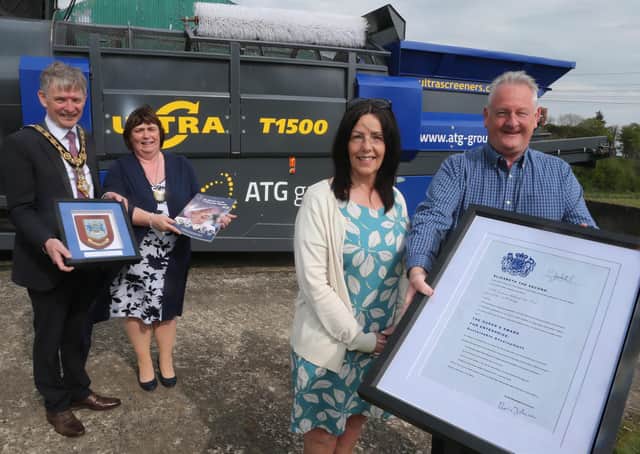 Dr Mark McKinney and Jacqui McKinney from the ATG Group display the Queen’s Award for Sustainable Development alongside the Mayor of Causeway Coast and Glens Borough Council Alderman Mark Fielding and the Mayoress Mrs Phyllis Fielding