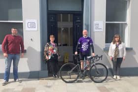 Anthony McCrory, with bike, pictured alongside (from left to right) AMH New Horizons Lisburn Service Manager Eoin McAnuff, Amanda Lenfestey, AMH New Horizons Skills Coach and Employment Officer, Andrea Warwick