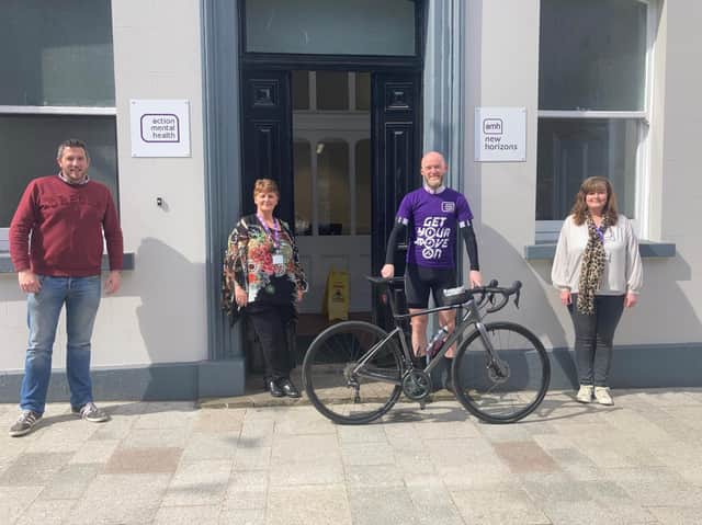 Anthony McCrory, with bike, pictured alongside (from left to right) AMH New Horizons Lisburn Service Manager Eoin McAnuff, Amanda Lenfestey, AMH New Horizons Skills Coach and Employment Officer, Andrea Warwick
