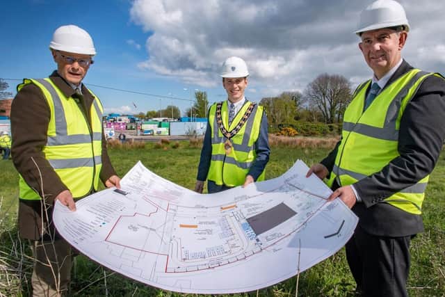 (From left to right) Philip Thompson, Mid and East Antrim Borough Council's director of operations, the Mayor, Councillor Peter Johnston and DAERA Minister Edwin Poots with the Sullatober development plan.