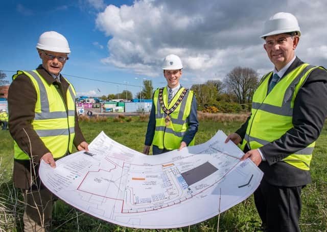 (From left to right) Philip Thompson, Mid and East Antrim Borough Council's director of operations, the Mayor, Councillor Peter Johnston and DAERA Minister Edwin Poots with the Sullatober development plan.