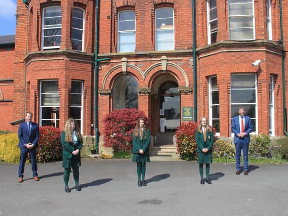 Robert Jamison, Supervising Teacher, with ABP Angus Youth Challenge semi-finalists Rachel McEntee, Meabh Quinn and Molly Nelson with Mr Stephen Moore, Principal of Friends School Lisburn