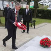 Cllr Mark Fielding Mayor of Causeway Coast and Glens Borough Council pictured during the laying of a wreath by the Mayor in Dervock at the war memorial to mark VE Dayon Saturday. Picture Kevin McAuley/McAuley Multimedia