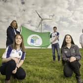 Randalstown Young Farmers’ Club members Elizabeth Adair, Rachel McNeilly and Jack Johnston celebrate their Eco-Club Green Flag Award with Charlene McKeown from Keep NI Beautiful and Orlagh McNeill, from Ulster Wildlife