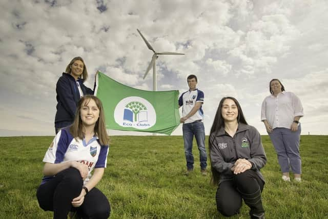 Randalstown Young Farmers’ Club members Elizabeth Adair, Rachel McNeilly and Jack Johnston celebrate their Eco-Club Green Flag Award with Charlene McKeown from Keep NI Beautiful and Orlagh McNeill, from Ulster Wildlife