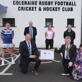 The Mayor of Causeway Coast and Glens Borough Council Alderman Mark Fielding and Mayoress Mrs Phyllis Fielding present a framed certificate to Andrew Hutchinson, President of Coleraine Rugby Football, Cricket and Hockey Club, to mark the club’s centenary along with Matt Smyth, Brian Reid, Gerry Lafferty, Susan Humphrey and Stephen McCartney