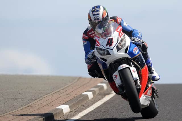John McGuinness on his way to victory in the opening Superbike race at Black Hill on the Honda TT Legends Fireblade in 2012.