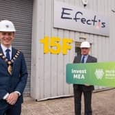 The Mayor, Cllr Peter Johnston, Maurice McKee, lab manager Efectis UK and Ireland   and Timothy Brundle , director of Research and Impact at Ulster University.