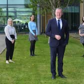 Finance Minister Conor Murphy with some current EO1s and EO2s - (L - R: Jill McKendry, Louise Boyd, Debra Rice and Shaun Buchanan).