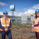 Infrastructure Minister Nichola Mallon with Chris Conway, Translink Group chief executive, as the work commences on site.