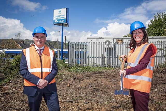 Infrastructure Minister Nichola Mallon with Chris Conway, Translink Group chief executive, as the work commences on site.