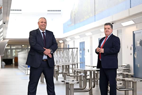 David Savage (left), new Governor at Maghaberry Prison, is pictured with Ronnie Armour, Director General of the Northern Ireland Prison Service. Picture: Michael Cooper