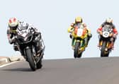 Alastair Seeley (Relentless Suzuki) leads Stuart Easton (Swan Honda) and John McGuinness (HM Plant Honda) over Black Hill on his way to victory in the feature race at the North West 200 in 2010.