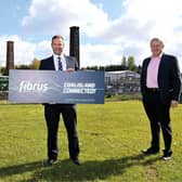Mid Ulster MLAs, Keith Buchanan and Patsy McGlone  join Shane Haslem, Programme and Commercial Director at Fibrus, to launch the arrival of the new, hyperfast full fibre network in Coalisland.
