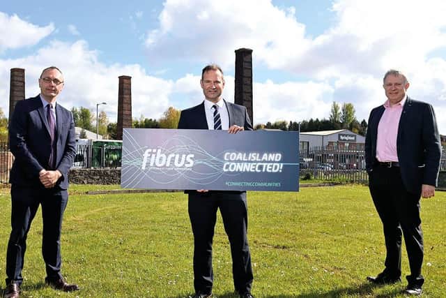 Mid Ulster MLAs, Keith Buchanan and Patsy McGlone  join Shane Haslem, Programme and Commercial Director at Fibrus, to launch the arrival of the new, hyperfast full fibre network in Coalisland.