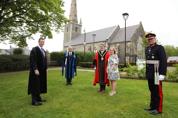 Pictured at the Interdenominational Service to mark the NI Centenary are: (l-r) David Burns, Chief Executive of Lisburn & Castlereagh City Council; Macebearer, Jack Adair MBE; Mayor and Mayoress Trimble and Lord Lieutenant of County Antrim, Mr David McCorkell.