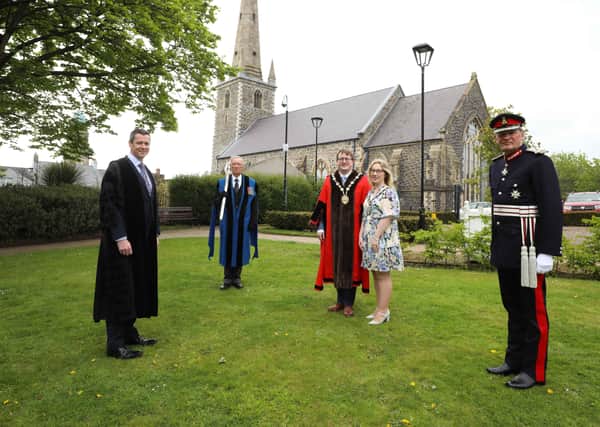 Pictured at the Interdenominational Service to mark the NI Centenary are: (l-r) David Burns, Chief Executive of Lisburn & Castlereagh City Council; Macebearer, Jack Adair MBE; Mayor and Mayoress Trimble and Lord Lieutenant of County Antrim, Mr David McCorkell.