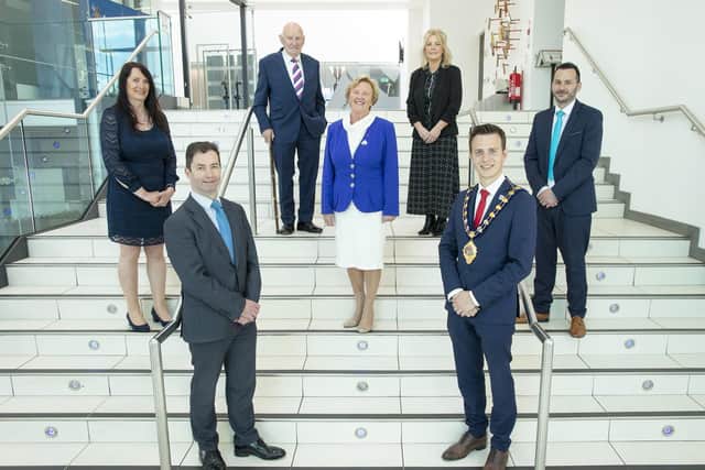 Northern Regional College’s Jenny Small, vice principal of performance and development, and Mel Higgins, chief operating officer, with Mid and East Antrim Borough Council’s Alderman Robin Cherry, Alderman Audrey Wales,  Nicola Rowles, head of economic development, the Mayor Councillor Peter Johnston and Councillor Timothy Gaston.