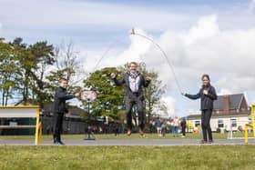 Mayor of Lisburn Nicholas Trimble is pictured at the launch with local school children