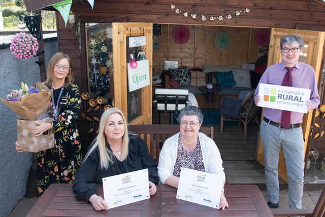 Pictured from left to right are Roisin Hamilton from the Housing Executive, Patricia McQuillan MBE (secretary) and Mary Gibson (chair) from Moneydig Rural Network. Also pictured is Eoin McKinney from the Housing Executive’s Rural Unit. Patricia recently received the Housing Executive’s Rural Community Champion Award 2020