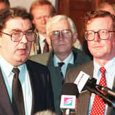 UUP leader David Trimble, right, and SDLP leader John Hume won the Nobel Peace Prize for their work in securing the Belfast/Good Friday Agreement. Photo by Brian Thompson/PA. SEE PA