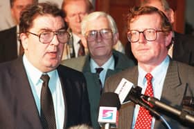 UUP leader David Trimble, right, and SDLP leader John Hume won the Nobel Peace Prize for their work in securing the Belfast/Good Friday Agreement. Photo by Brian Thompson/PA. SEE PA