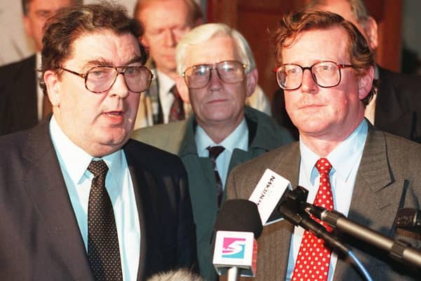 UUP leader David Trimble, right, and SDLP leader John Hume won the Nobel Peace Prize for their work in securing the Belfast/Good Friday Agreement. Photo by Brian Thompson/PA. SEE PA